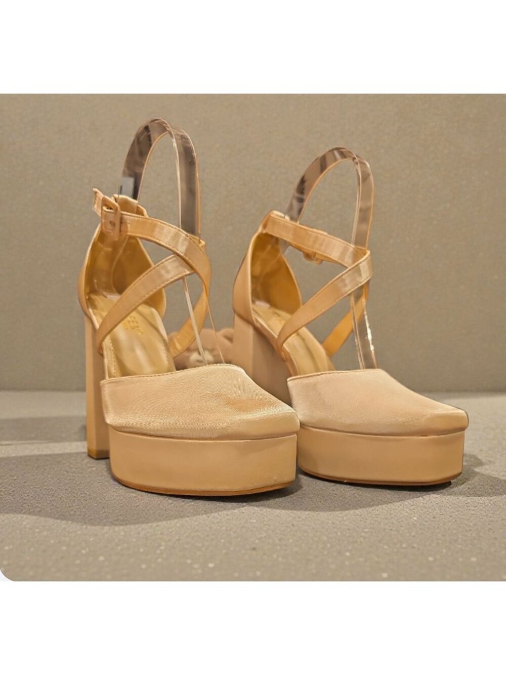 Block Heel Satin Platform Shoes With Cross-Strap Design Elegant Champagne Evenin - Picture 12 of 14